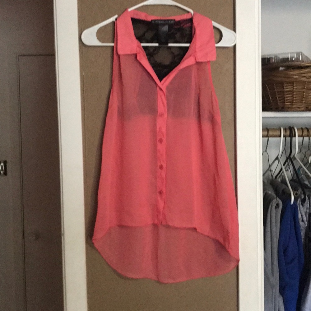 Coral sleeveless button up shirt w black lace back